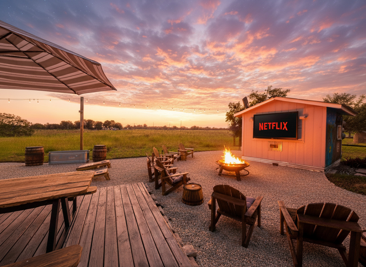 Riverbend Hideaway’s outdoor seating and fire pit at sunset